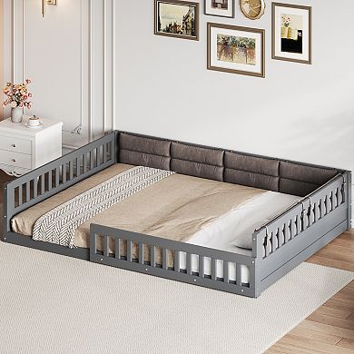 Full Size Upholstered Montessori Floor Bed Platform Bed with Guardrails & Pillow