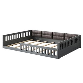 Full Size Upholstered Montessori Floor Bed Platform Bed with Guardrails & Pillow