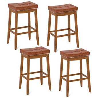 Costway 29" Bar Height Stools with PU Leather Seat Solid Rubber Wood Frame