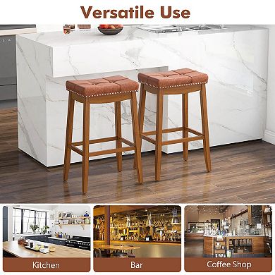 Costway 29" Bar Height Stools with PU Leather Seat Solid Rubber Wood Frame