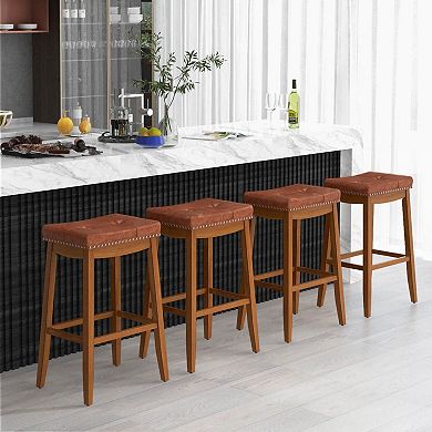 Costway 29" Bar Height Stools with PU Leather Seat Solid Rubber Wood Frame