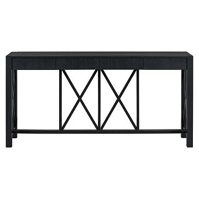 Aoolive Acacia Veneer Sofa Console Table with 4 Drawers, Modern Crisscross Design Entryway Table
