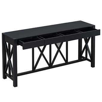 Aoolive Acacia Veneer Sofa Console Table with 4 Drawers, Modern Crisscross Design Entryway Table