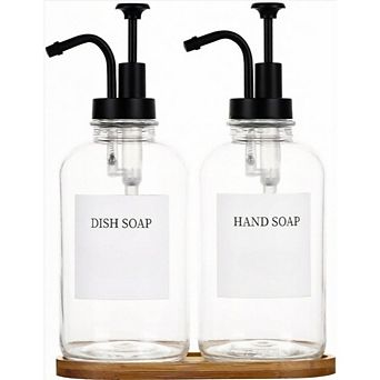 Great Ambitions 2-Pack Glass Soap Dispenser Set with Pump, 500ml, 18 Stickers, Tray