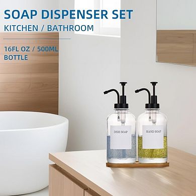 Great Ambitions 2-Pack Glass Soap Dispenser Set with Pump, 500ml, 18 Stickers, Tray