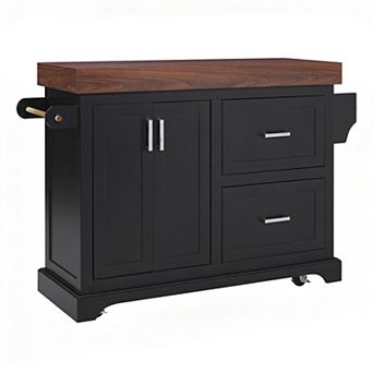 53 in Rolling Kitchen Island with 3.5 in Thick Top, Spice Rack & 2 Large Drawers