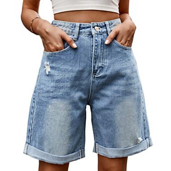 Women's High Waist Long Jean Shorts for Women Girls Denim Shorts Ripped Distressed Jeans Short