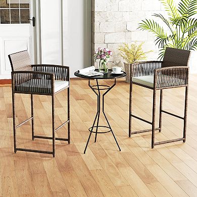 Costway Patio Bar Stools PE Rattan Bar Height Chairs with Backrests & Armrests
