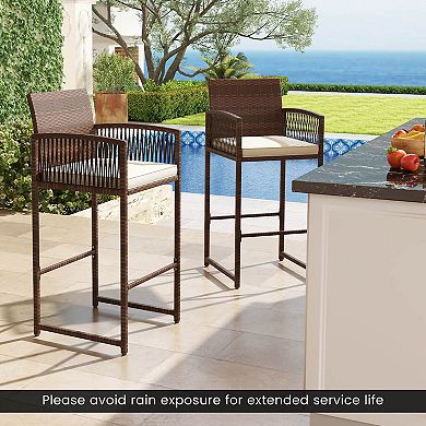 Costway Patio Bar Stools PE Rattan Bar Height Chairs with Backrests & Armrests