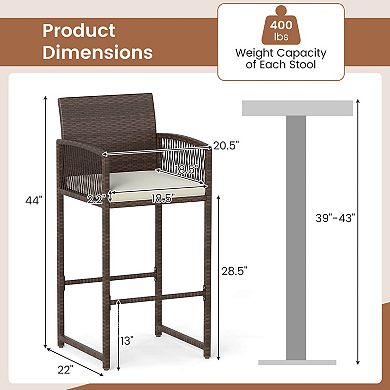 Costway Patio Bar Stools PE Rattan Bar Height Chairs with Backrests & Armrests
