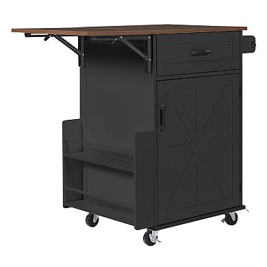 Farmhouse Kitchen Island Cart with Drop Leaf, Storage Drawer & Locking Wheels