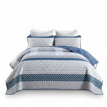 King Blue Boho Stripe Quilt Set, 3 pc Lightweight Microfiber All Season Coverlet