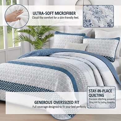 King Blue Boho Stripe Quilt Set, 3pc Lightweight Microfiber All Season Coverlet