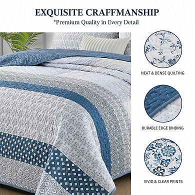 King Blue Boho Stripe Quilt Set, 3pc Lightweight Microfiber All Season Coverlet