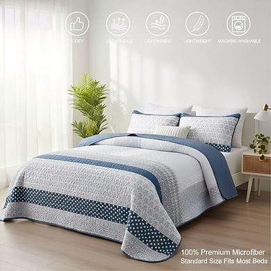King Blue Boho Stripe Quilt Set, 3pc Lightweight Microfiber All Season Coverlet
