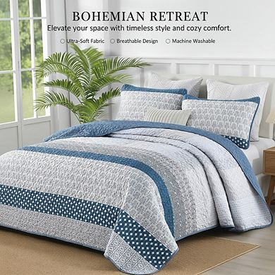King Blue Boho Stripe Quilt Set, 3pc Lightweight Microfiber All Season Coverlet