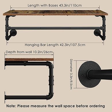 Industrial Wall Mounted Clothes Rack 43.3 in Pipe Garment Rack
