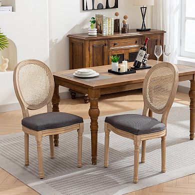 Aoolive 2-Piece French Style Wood Dining Chairs, Linen Accent Armless Chairs with Oval Rattan Back