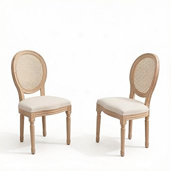 Aoolive 2 pc French Style Wood Dining Chairs, Linen Accent Armless Chairs with Oval Rattan Back