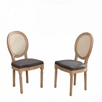 Aoolive 2 pc French Style Wood Dining Chairs, Linen Accent Armless Chairs with Oval Rattan Back