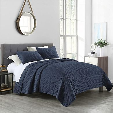 Queen Quilt Set, Navy Blue Geometric Diamond Stitched Microfiber Coverlet with 2 Shams