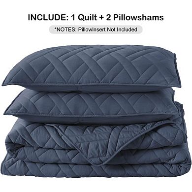 Queen Quilt Set, Navy Blue Geometric Diamond Stitched Microfiber Coverlet with 2 Shams