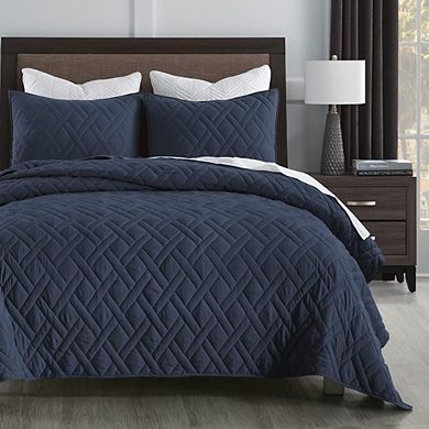 Queen Quilt Set, Navy Blue Geometric Diamond Stitched Microfiber Coverlet with 2 Shams