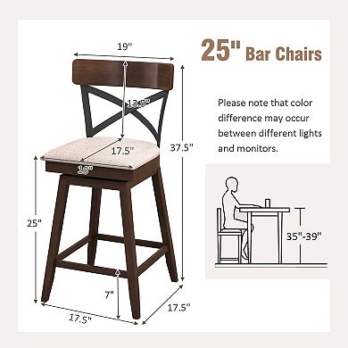 Costway Wooden Swivel Bar Stools Upholstered Counter Height Dining Chairs