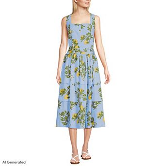 Women's Lands' End Poplin Square Neck Midi Tie Waist Dress