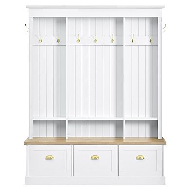 Smart LED Farmhouse Hall Tree, Entryway Storage Bench with 3 Cabinets & 9 Hooks