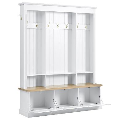 Smart LED Farmhouse Hall Tree, Entryway Storage Bench with 3 Cabinets & 9 Hooks