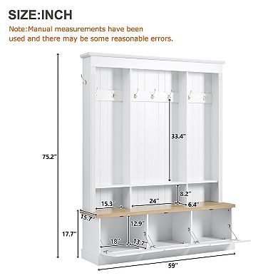 Smart LED Farmhouse Hall Tree, Entryway Storage Bench with 3 Cabinets & 9 Hooks