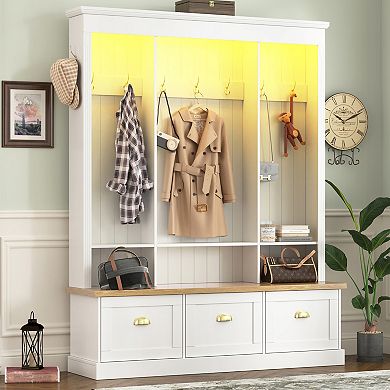 Smart LED Farmhouse Hall Tree, Entryway Storage Bench with 3 Cabinets & 9 Hooks