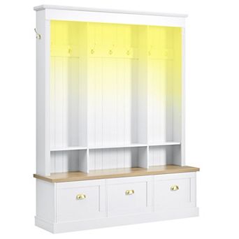Smart LED Farmhouse Hall Tree, Entryway Storage Bench with 3 Cabinets & 9 Hooks