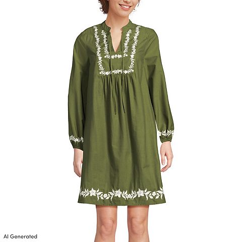 Женские платья Lands' End Long Sleeve Tie Neck Dress with Embroidery