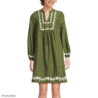 Women's Lands' End Long Sleeve Tie Neck Dress with Embroidery
