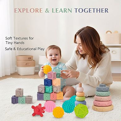3-in-1 Stacking Blocks Set, 23 Pieces for Sensory Development and Gentle Play