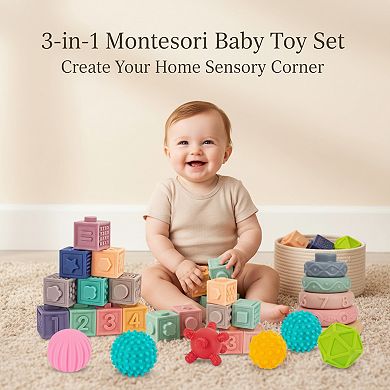 3-in-1 Stacking Blocks Set, 23 Pieces for Sensory Development and Gentle Play