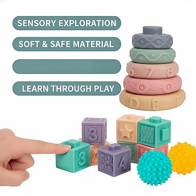 3-in-1 Stacking Blocks Set, 23 Pieces for Sensory Development and Gentle Play