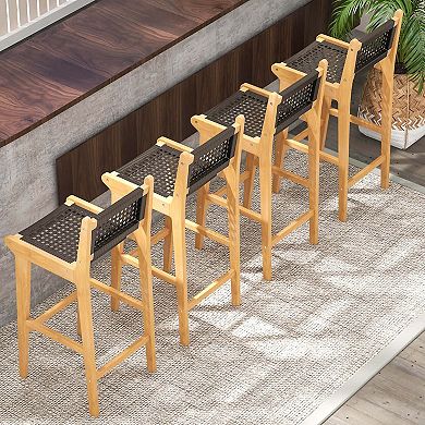 Costway 30" Teak Wood Bar Chair with Backrest & Footrest Bar Height Chair for Deck