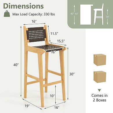 Costway 30" Teak Wood Bar Chair with Backrest & Footrest Bar Height Chair for Deck