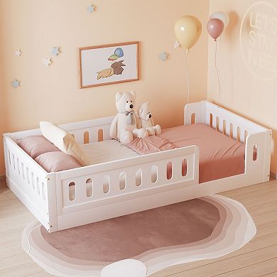 Twin Size Montessori Floor Bed with Guardrails - Wooden Platform Frame for Kids