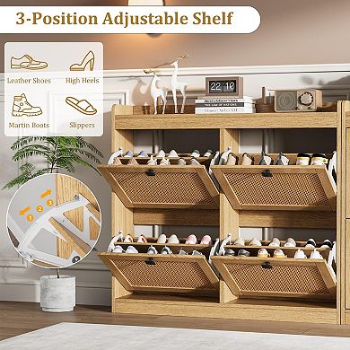 2Pcs Wooden Shoe Cabinet, Freestanding Shoe Rack, Rattan Cabinet Doors, Suitable for Entryways
