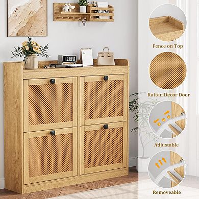 2Pcs Wooden Shoe Cabinet, Freestanding Shoe Rack, Rattan Cabinet Doors, Suitable for Entryways