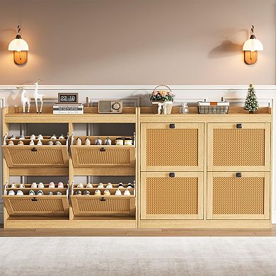 2Pcs Wooden Shoe Cabinet, Freestanding Shoe Rack, Rattan Cabinet Doors, Suitable for Entryways