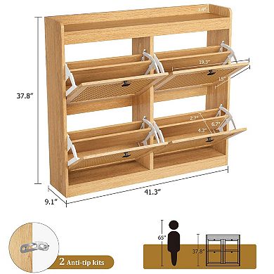 2Pcs Wooden Shoe Cabinet, Freestanding Shoe Rack, Rattan Cabinet Doors, Suitable for Entryways