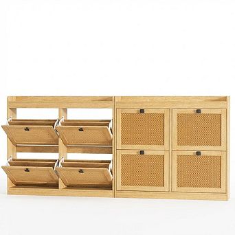 2 pc Wooden Shoe Cabinet, Freestanding Shoe Rack, Rattan Cabinet Doors, Suitable for Entryways