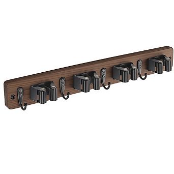 Rustic Wood Mop and Broom Holder Wall Mount with Slots and Hooks Tool Organizer