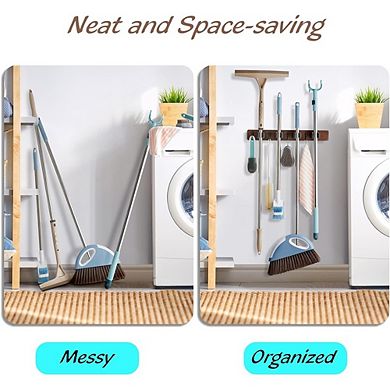 Rustic Wood Mop and Broom Holder Wall Mount with Slots and Hooks Tool Organizer