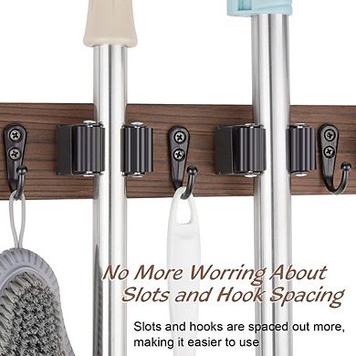 Rustic Wood Mop and Broom Holder Wall Mount with Slots and Hooks Tool Organizer